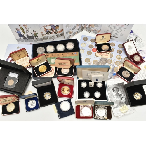 156 - A CARDBOARD BOX OF SILVER, SILVER PROOF AND OTHER COINS, to include x7 silver cased Crown size coins... 