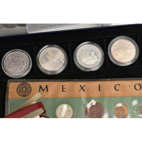 156 - A CARDBOARD BOX OF SILVER, SILVER PROOF AND OTHER COINS, to include x7 silver cased Crown size coins... 