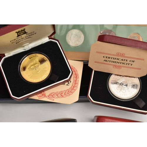 156 - A CARDBOARD BOX OF SILVER, SILVER PROOF AND OTHER COINS, to include x7 silver cased Crown size coins... 