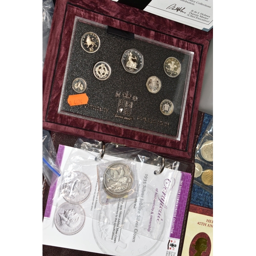 157 - A LARGE AND HEAVY CARDBOARD BOX OF COINS AND COMMEMORATIVES, to include over 500 grams of Silver con... 