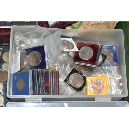 157 - A LARGE AND HEAVY CARDBOARD BOX OF COINS AND COMMEMORATIVES, to include over 500 grams of Silver con... 