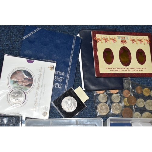 157 - A LARGE AND HEAVY CARDBOARD BOX OF COINS AND COMMEMORATIVES, to include over 500 grams of Silver con... 