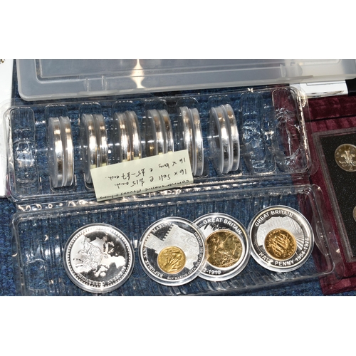 157 - A LARGE AND HEAVY CARDBOARD BOX OF COINS AND COMMEMORATIVES, to include over 500 grams of Silver con... 