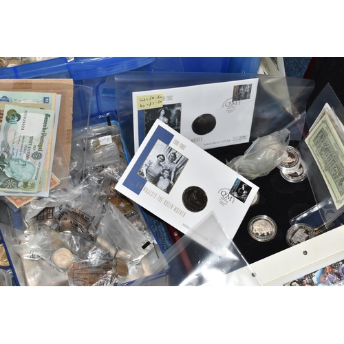 158 - A PLASTIC STORAGE TUB AND CARDBOARD BOX CONTAINING MIXED COINS, to include an album of 1st Day Cover... 