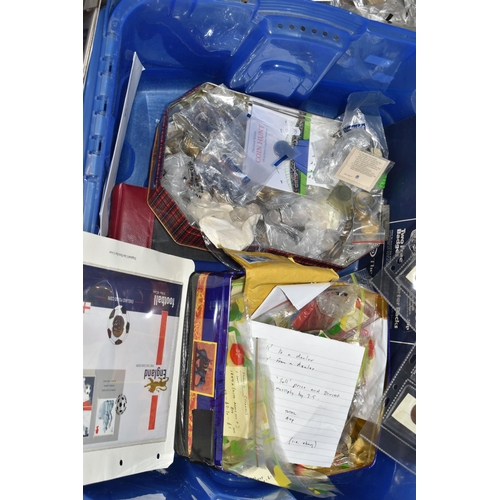 158 - A PLASTIC STORAGE TUB AND CARDBOARD BOX CONTAINING MIXED COINS, to include an album of 1st Day Cover... 