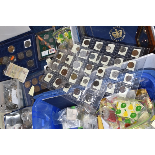 158 - A PLASTIC STORAGE TUB AND CARDBOARD BOX CONTAINING MIXED COINS, to include an album of 1st Day Cover... 