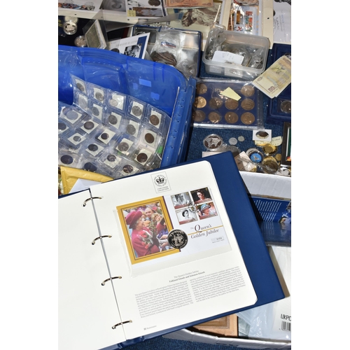 158 - A PLASTIC STORAGE TUB AND CARDBOARD BOX CONTAINING MIXED COINS, to include an album of 1st Day Cover... 