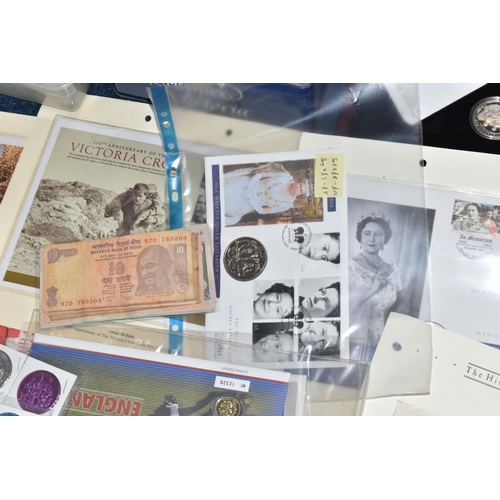 158 - A PLASTIC STORAGE TUB AND CARDBOARD BOX CONTAINING MIXED COINS, to include an album of 1st Day Cover... 