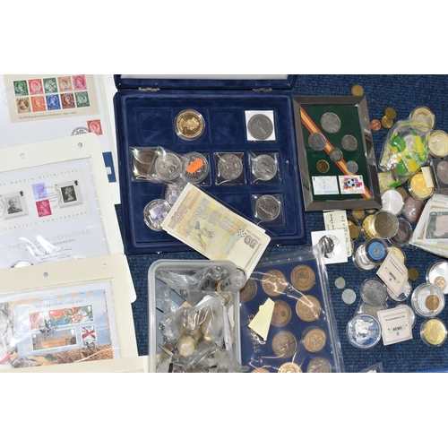 158 - A PLASTIC STORAGE TUB AND CARDBOARD BOX CONTAINING MIXED COINS, to include an album of 1st Day Cover... 