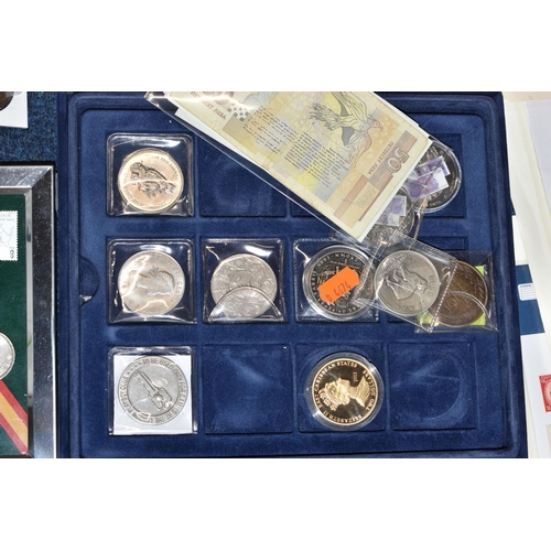 158 - A PLASTIC STORAGE TUB AND CARDBOARD BOX CONTAINING MIXED COINS, to include an album of 1st Day Cover... 