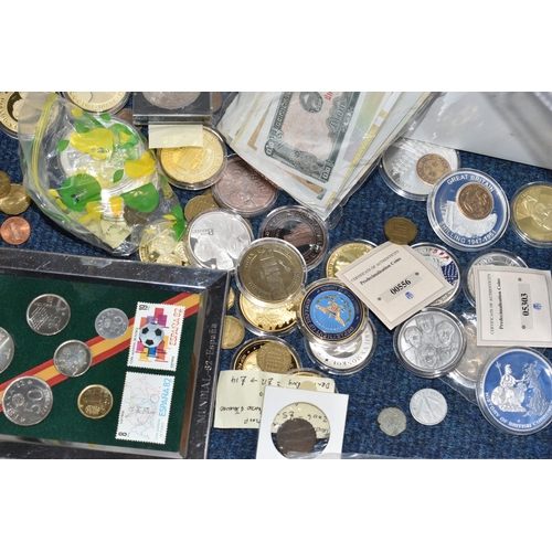 158 - A PLASTIC STORAGE TUB AND CARDBOARD BOX CONTAINING MIXED COINS, to include an album of 1st Day Cover... 