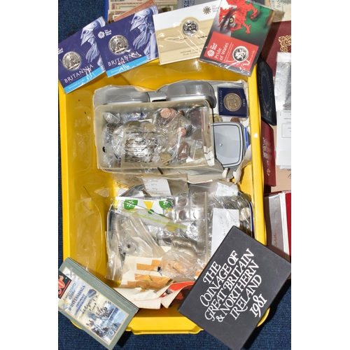 159 - A PLASTIC TUB CONTAINING WORLD COINS AND COMMEMORATIVES, to include 3x sealed Britannia £50 coins 20... 