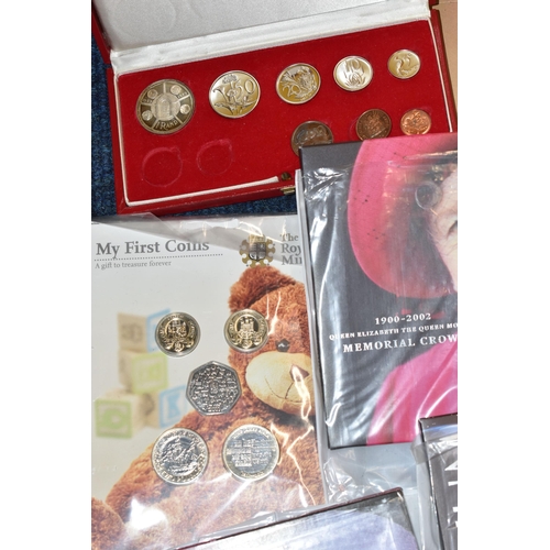 159 - A PLASTIC TUB CONTAINING WORLD COINS AND COMMEMORATIVES, to include 3x sealed Britannia £50 coins 20... 