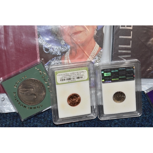 159 - A PLASTIC TUB CONTAINING WORLD COINS AND COMMEMORATIVES, to include 3x sealed Britannia £50 coins 20... 