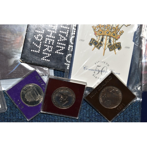 159 - A PLASTIC TUB CONTAINING WORLD COINS AND COMMEMORATIVES, to include 3x sealed Britannia £50 coins 20... 