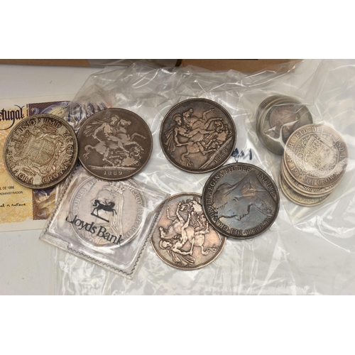 160 - A CARDBOARD BOX CONTAINING COINS ETC, to include a Napoleon III silver medal, approximate gross weig... 