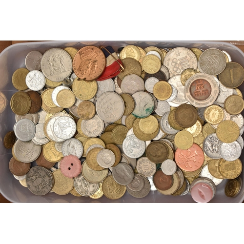 160 - A CARDBOARD BOX CONTAINING COINS ETC, to include a Napoleon III silver medal, approximate gross weig... 