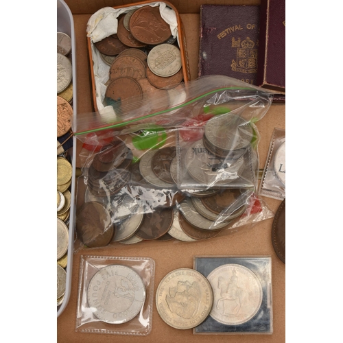 160 - A CARDBOARD BOX CONTAINING COINS ETC, to include a Napoleon III silver medal, approximate gross weig... 