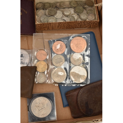 160 - A CARDBOARD BOX CONTAINING COINS ETC, to include a Napoleon III silver medal, approximate gross weig... 