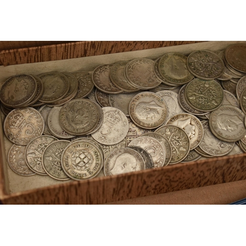 160 - A CARDBOARD BOX CONTAINING COINS ETC, to include a Napoleon III silver medal, approximate gross weig... 