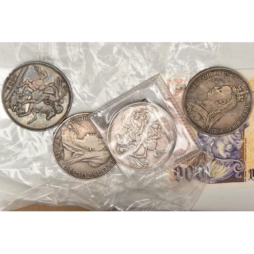 160 - A CARDBOARD BOX CONTAINING COINS ETC, to include a Napoleon III silver medal, approximate gross weig... 