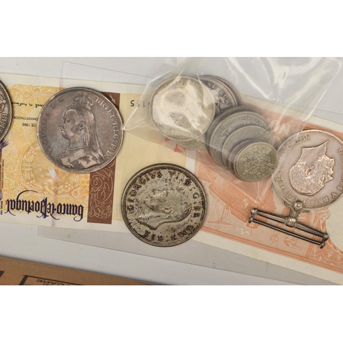 160 - A CARDBOARD BOX CONTAINING COINS ETC, to include a Napoleon III silver medal, approximate gross weig... 