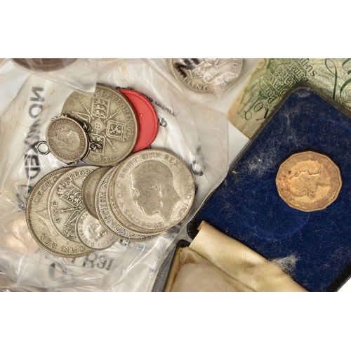 161 - A TIN CONTAINING MAINLY UK COINAGE, to include coins and commemoratives George IV coins silver conte... 