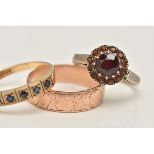 169 - A SELECTION OF THREE RINGS, to include a sterling silver garnet cluster ring (AF), hallmarked sterli... 