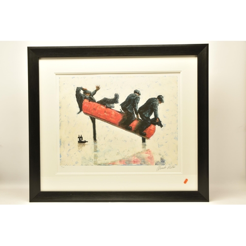 296 - ALEXANDER MILLAR (SCOTLAND 1960) 'COWBOYS', a signed limited edition print depicting three men on a ... 