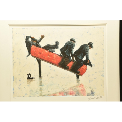 296 - ALEXANDER MILLAR (SCOTLAND 1960) 'COWBOYS', a signed limited edition print depicting three men on a ... 