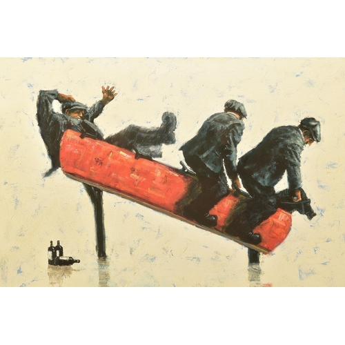 296 - ALEXANDER MILLAR (SCOTLAND 1960) 'COWBOYS', a signed limited edition print depicting three men on a ... 