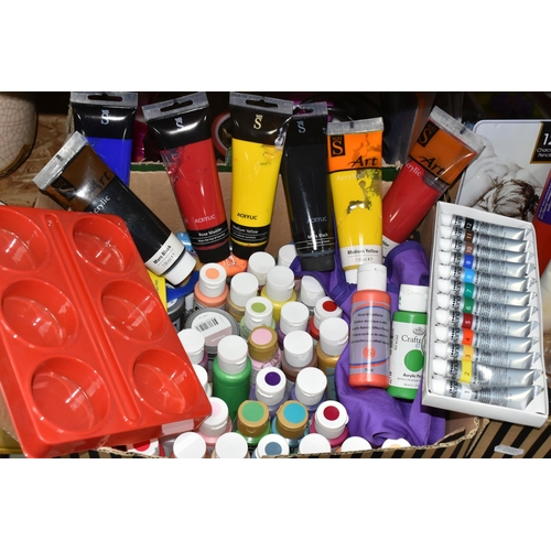 324 - FOUR BOXES OF ASSORTED ARTS AND CRAFTS SUPPLIES to include a rack of patterned scissors, a tub of be... 