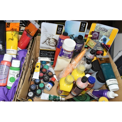 324 - FOUR BOXES OF ASSORTED ARTS AND CRAFTS SUPPLIES to include a rack of patterned scissors, a tub of be... 