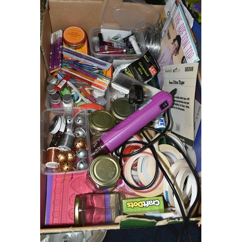 324 - FOUR BOXES OF ASSORTED ARTS AND CRAFTS SUPPLIES to include a rack of patterned scissors, a tub of be... 