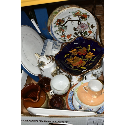 325 - TWO BOXES AND LOOSE NAMED CERAMICS to include a box of pewter items from named manufacturers compris... 