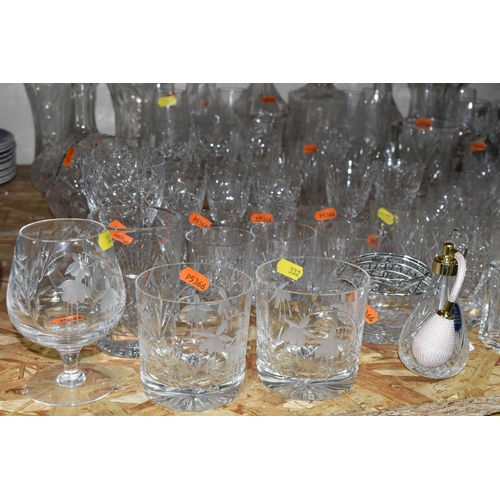 332 - A GROUP OF CUT CRYSTAL AND GLASSWARE, comprising two Stuart Crystal 'Cascade' pattern whisky tumbler... 