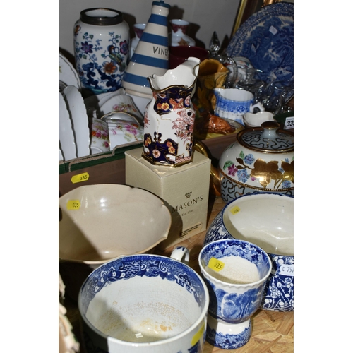 335 - ONE BOX OF CERAMICS AND LOOSE PICTURES, to include a Staffordshire 'Chef Ware' vinegar decanter, a S... 