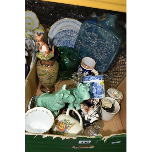 336 - THREE BOXES OF CERAMICS AND GLASSWARE, to include a Royal Doulton 'Kanga and Roo' figurine, a blue a... 