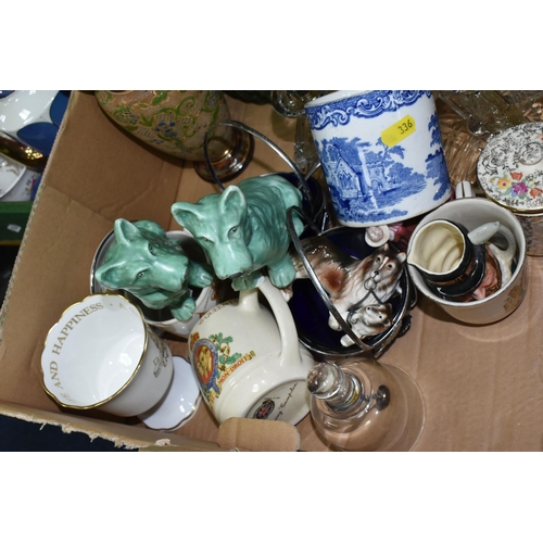 336 - THREE BOXES OF CERAMICS AND GLASSWARE, to include a Royal Doulton 'Kanga and Roo' figurine, a blue a... 