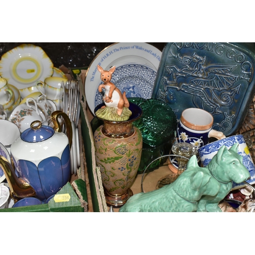 336 - THREE BOXES OF CERAMICS AND GLASSWARE, to include a Royal Doulton 'Kanga and Roo' figurine, a blue a... 