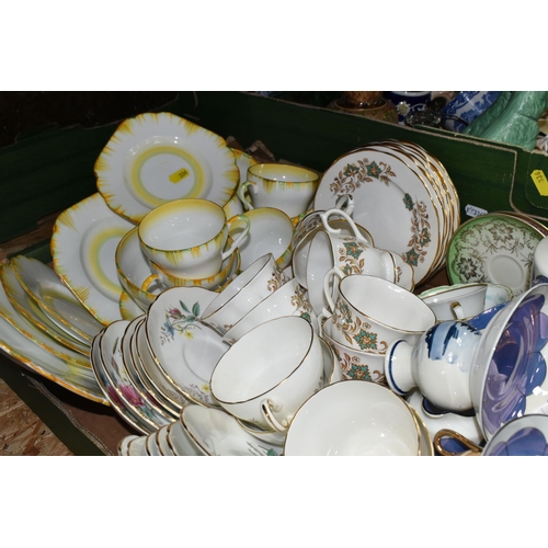 336 - THREE BOXES OF CERAMICS AND GLASSWARE, to include a Royal Doulton 'Kanga and Roo' figurine, a blue a... 