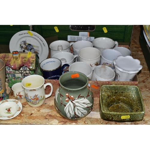 337 - FOUR BOXES AND LOOSE CERAMICS AND GLASSWARE, to include a collection of royal commemorative mugs, a ... 