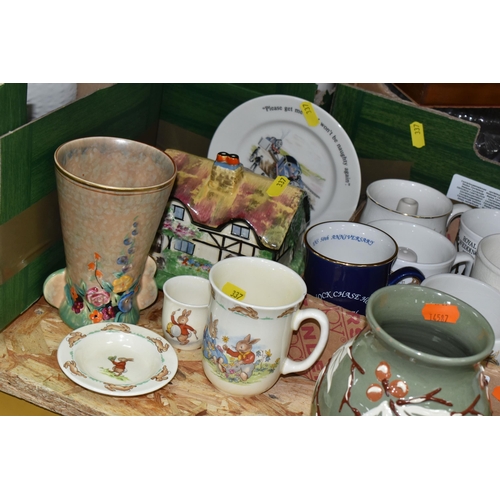 337 - FOUR BOXES AND LOOSE CERAMICS AND GLASSWARE, to include a collection of royal commemorative mugs, a ... 