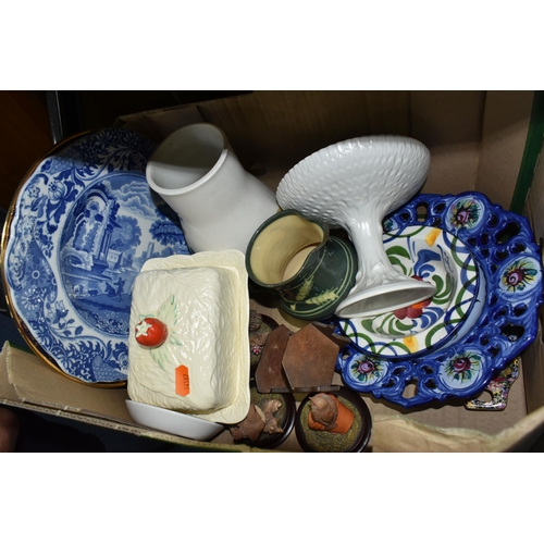 337 - FOUR BOXES AND LOOSE CERAMICS AND GLASSWARE, to include a collection of royal commemorative mugs, a ... 