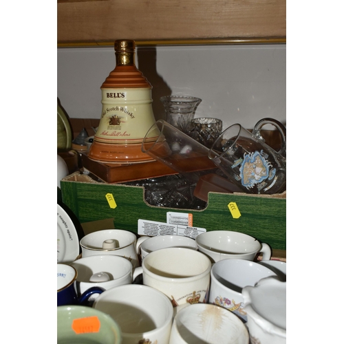 337 - FOUR BOXES AND LOOSE CERAMICS AND GLASSWARE, to include a collection of royal commemorative mugs, a ... 