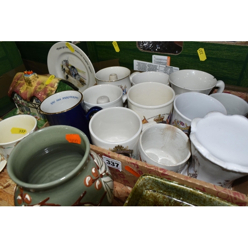 337 - FOUR BOXES AND LOOSE CERAMICS AND GLASSWARE, to include a collection of royal commemorative mugs, a ... 