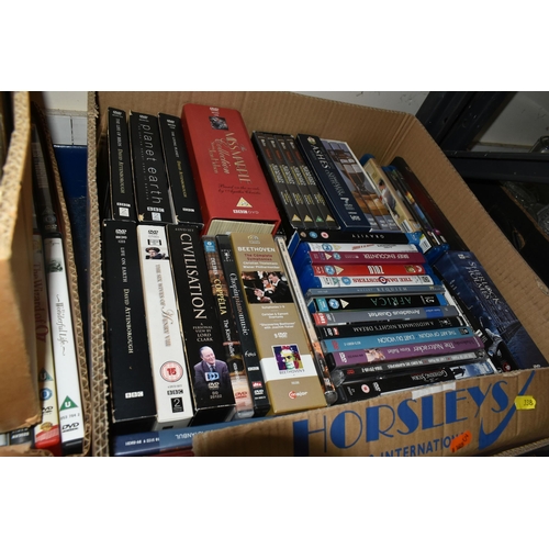 338 - SIX BOXES OF DVDS AND CDS, approximately two hundred and fifty mostly classical music CDs artists in... 