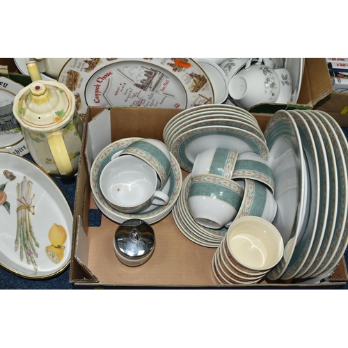 339 - FIVE BOXES OF CERAMICS, METALWARE AND GLASSWARE, to include a quantity of Johnson Brothers 'Snowhite... 