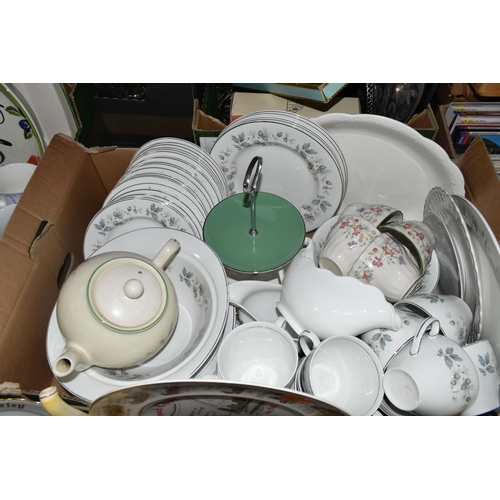 339 - FIVE BOXES OF CERAMICS, METALWARE AND GLASSWARE, to include a quantity of Johnson Brothers 'Snowhite... 