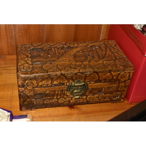 344 - A GROUP OF ORIENTAL ITEMS, to include a carved wooden tea caddy/flask, decorated with scrolls and se... 